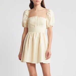 Reformation Malvina linen mini dress puff sleeve cream sand fit and flare 8
